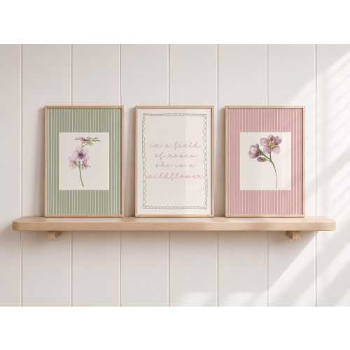 Sage Green + Pink Wildflower Nursery Print Set of 3 | Baby girl Bedroom wall art (Digital Download)