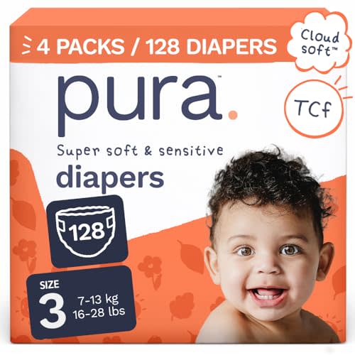 Pura Baby Diapers Size 3-128 Count, 16-28lbs, 12hr Leak Protection, Soft & Gentle Diapers for Hypoallergenic & Sensitive Baby Skin, Toxin-Free*, Organic Cotton, Blowout Blocker™, New Size Guide