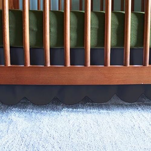 100% Microfiber Scalloped Mini Crib Skirt 24"x 38" with 10" Inch Drop Lenght with 4 Split Corners for Baby Boys Girls Soft Nursery Toddler Bed Skirt - Black Solid