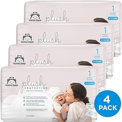 Amazon Brand - Mama Bear Plush Protection Diapers - Size 1, One Month Supply, Hypoallergenic Premium Disposable Baby Diapers, 216 Count (Pack of 4), White and Cloud Dreams