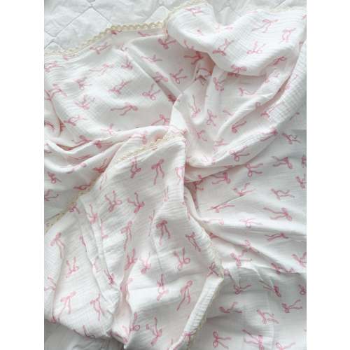 Bow pattern lace edge muslin swaddle blanket