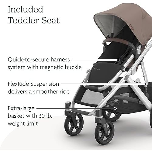 UPPAbaby Vista V3 Stroller - Full-Size Single-to-Double Stroller System - Toddler Seat, Bug Shield, Rain Shield, and Storage Bag Included - Theo (Dark Taupe/Silver Frame/Chestnut Leather)