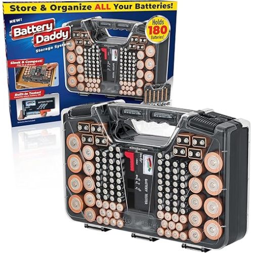 Battery Daddy Storage & Organizer Case w/Tester, Stores & Protects Up to 180 Batteries, Double-Sided, Clear Locking Lid, Secure Latches & Portable Carrying Handle - Charcoal (Batteries Not Included)