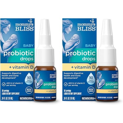 Mommy's Bliss Baby Probiotics + Vitamin D Drops, Supports Digestive Health & Immune Function*, 400IU Vitamin D , Supports Bone Development*, Newborns+, Flavorless, 0.34 Fl Oz (30 Servings)