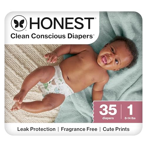 The Honest Company Clean Conscious Diapers for Sensitive Skin, Up to 100% Leakproof, Hypoallergenic, Fragrance Free, Turtle Time, Polybag, Size 1 (8-14 lbs), 35 Count