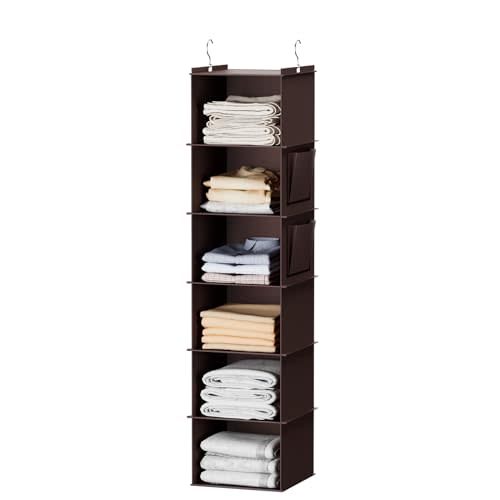 YOUDENOVA Hanging Closet Organizer, 6-Shelf Closet Hanging Storage Shelves, Brown