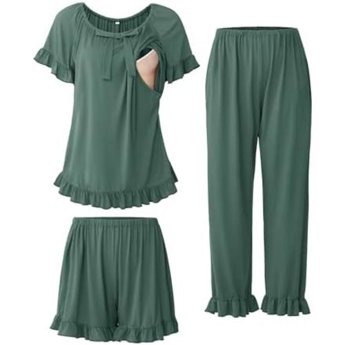 SUNNYBUY 3Pcs Ruffle Trim Postpartum Nursing Pajamas Set with Bowknot, Maternity Breastfeeding PJS Pregnancy Sleepwear