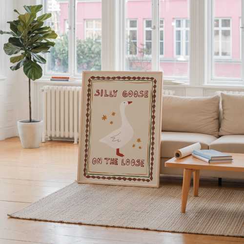 Silly Goose On The Loose, Quirky Nursery, Cute Animal Poster, Neutral Tan Nursery, Nursery Art, Cottage Core Decor, Unframed Printed Poster