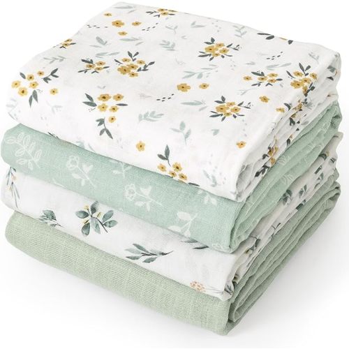 david's kids 4 Pack Baby Muslin Swaddle Blankets, 100% Cotton and Ultra Soft Breathable Receiving Blanket Wrap for Boys Girls, New Born Essentials, Large 47 x 47 inches, Leaf & Floral