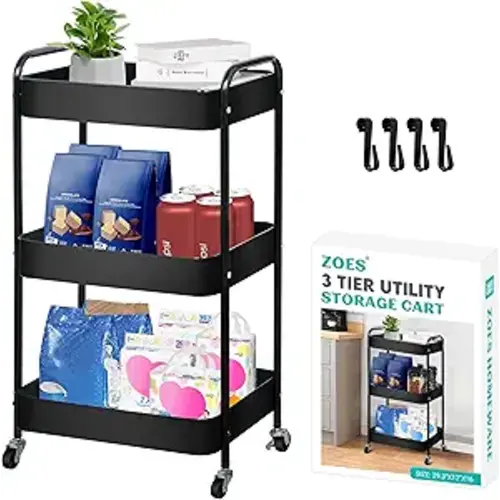 3 Tier Rolling Cart, Metal Utility Cart with 4 Hooks, Rolling Storage Cart on Wheels, Small Organizer Cart for Nursery, Kitchen, Living Room, Bathroom, Black