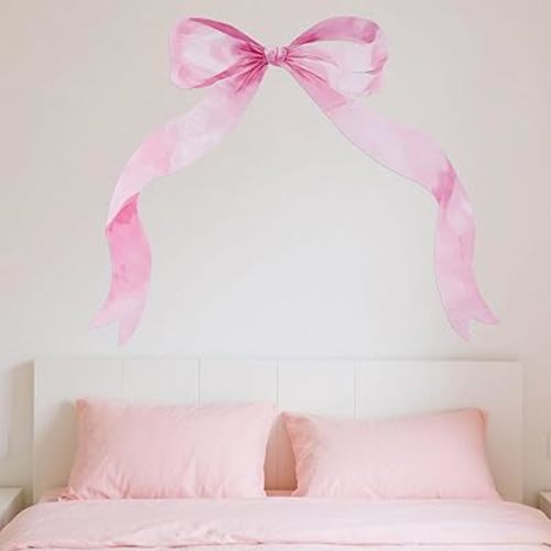 Large Bow Tie Wall Sticker, 35.4x11.8 Inch Big Bow Wall Decor Pink Bowknot Bedroom Decals Wallpaper Girls Sweet Coquette Aesthetic Decoration for Room Nursery Office Pink Theme Party