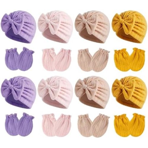 8 Sets Newborn Baby Hats & Mittens Cotton Preemie Infant Bow Beanies Caps Gloves Hospital New Born Boy Girl 0-3 Month