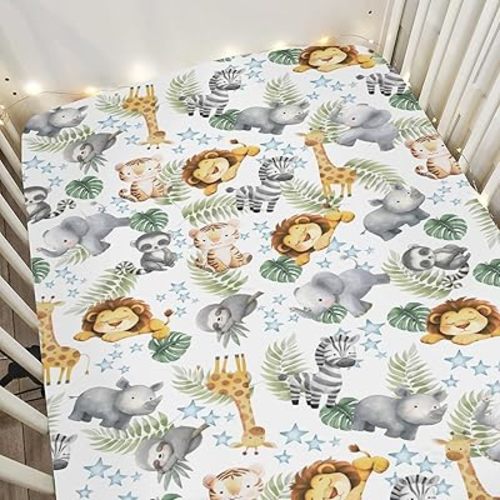 Jungle Friends Baby Crib Sheets for Boy Girl 52x28 Safari Lion Giraffe Elephant Tropical Leaves Soft Stretchy Fitted Crib Mattress Cover African Animal Baby Sheet for Standard Crib & Toddler Mattress