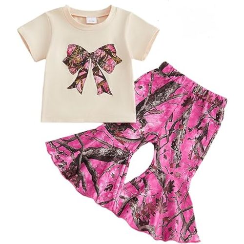 PUHHAPIEY Toddler Baby Girl Clothes Western Camo Country Girl Short Sleeve T-shirt Tee Camouflage Flare Pants Bell Bottoms