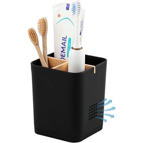 Electric Toothbrush Holder 3 Slots Tooth Brushing Holder with Bamboo Dividers for Bathrooms, Plastic Toothbrush and Toothpaste Organizer for Shower, Countertop, Vanity, Black