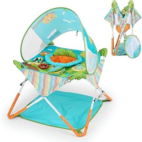 Bright Starts Pop 'N Jump Portable Activity Jumper, Indoor/Outdoor Use, Owl Forest with 4 Sensory Toys, Ages 6-12 Months