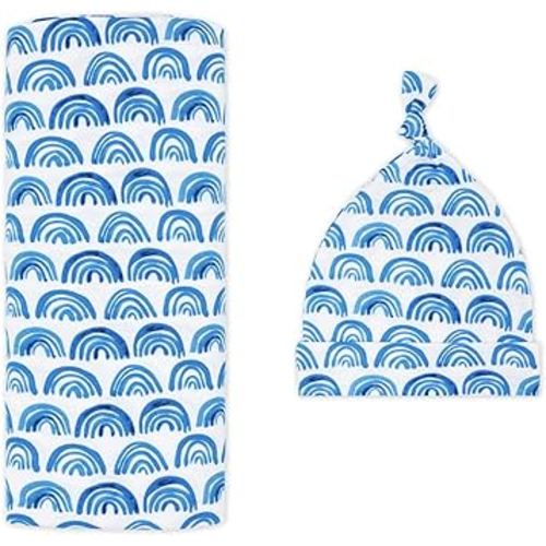 Little Sleepies Swaddle & Hat Set, Baby Swaddles Newborns, Soft Viscose from Bamboo Swaddle Blanket Wrap (Blue Rainbows)