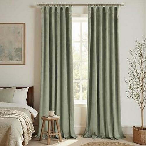 KOUFALL Sage Green Velvet Curtains for Bedroom Aesthetic Subtle Textured Blackout Boho French Country Cottage Core Curtains for Living Room 84 Inch Long