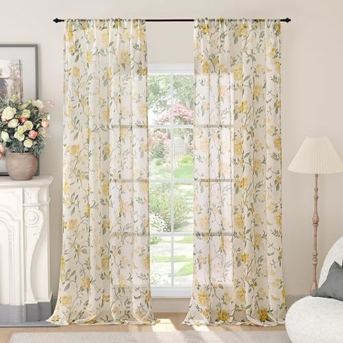 Floral Sheer Curtains for Girls Bedroom, Vintage Farmhouse Light Filtering Privacy Semi-Sheer Cute Linen Curtains for Kids Nursery 84 Inches Long 2 Panels, Rod Pocket, Pink, Each 52 Inch Wide