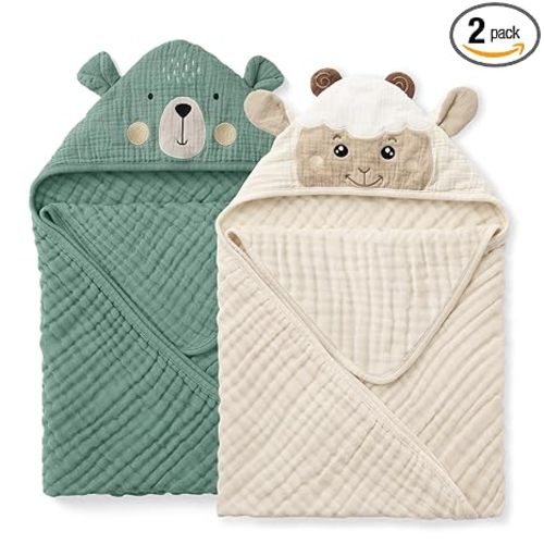 Blissful Diary Muslin Baby Hooded Towel 2 Pack, Soft & Absorbent Bath Towel for Infant, Toddler, Unisex, Baby Gift, Newborn Essentials, Bear & Lamb