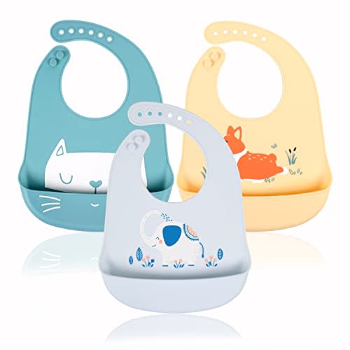 YINGJEE Baby Silicone Feeding Bibs, 3pcs Adjustable Waterproof Bibs for Feeding