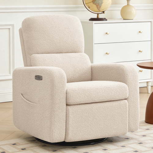 BaseBeauty Power Swivel Rocker Recliner, Nursery Recliner Glider Chair with Removable Cushion, Swivel Glider Recliner with Double Pockets, Teddy Beige