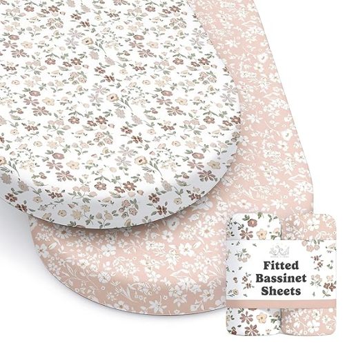 Baby Bassinet Sheets Girl (Fleurette) 2-Pack - Fitted Bedside Bassinet Sheets - Buttery Soft Cotton Blend for Standard Mattress Pad - Compatible with Halo BassiNest