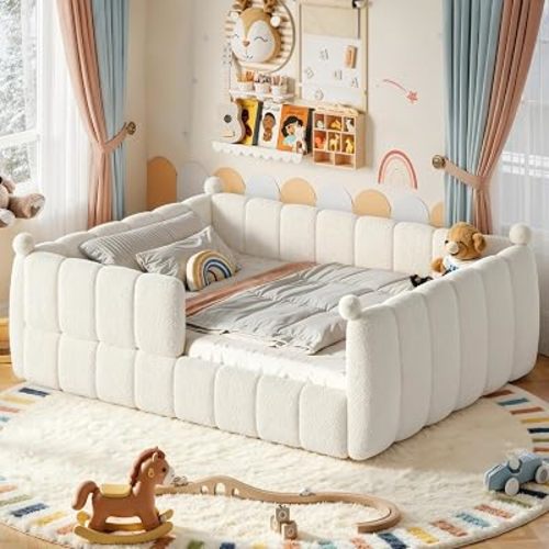 Bellemave Queen Size Teddy Fleece Upholstered Montessori Floor Bed with Fence,Low Profile Kids Bed Frame with Full Padded Safety Guardrails, No Box Spring Needed for Boys and Girls,Beige