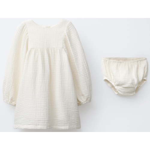Zara: COTTON GAUZE DRESS AND BLOOMERS - Ecru / 6-9M