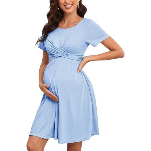 Summer Maternity Dress Criss Cross Self Tie Short Sleeves A-line Mini Baby Shower Casual Pregnancy