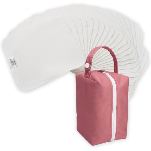 Nora's Nursery Reusable Baby Wipes, 100% Cotton Washcloths, Soft and Absorbent Towels for Newborn Bath and Face, Includes 20 Wipes with 1 Waterproof Pod for On-The-Go Moms,- Rose