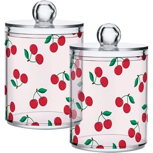 Cherry Print 2 Pack Qtip Holder Dispenser for Cotton Swabs, Cotton Ball, Pads, Floss, 10 oz Plastic Apothecary Jar Set with Lid, Bathroom Makeup Organizer