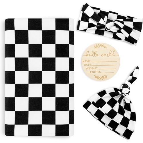 TANOFAR 4-Pack Newborn Swaddle Blanket for Baby Girls & Boys, Ultra Soft Receiving Blankets with Matching Headband and Beanie Set Baby Nursery Swaddle Wrap, Black Checkerboard