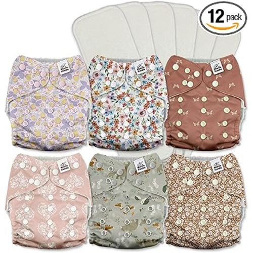 Mama Koala 3.0 Pocket Cloth Diapers for Babies with AWJ Lining, 6 Pack with 6 5-Layer Natural Cloth Diaper Inserts - Reusable and Washable Pocket Diapers(A-Wild Flowers)
