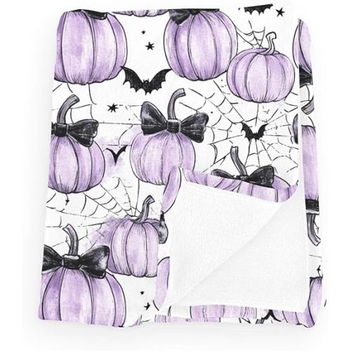 Purple Halloween Pumpkins Bats Bows Baby Boy Girl Blankets Flannel Fleece Nursery Bed Receiving Swaddle Spooky Halloween Newborn Infant Toddler Kid Blankets Crib Bedding Purple 30x40inch