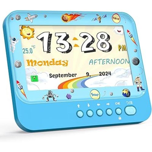 7 inch Kids Alarm Clock Sleep Training Clock,Digital Clock with Stopwatch and Timer,19 Labels & 15 Alarms, Adjustable Brightness,Birthday Gift Room Decor(Blue)