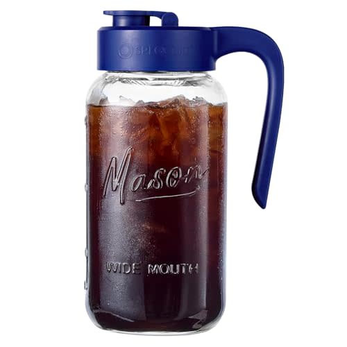 Mason Jar Pitcher, 64 oz (2 quart), Glass Pitcher with Lid | Airtight, Leak proof, Ergonomic Handle, Pour Spout Lid, Fridge Safe, for Sun Tea, Iced Tea, Cold Brew, Lemonade, Outside