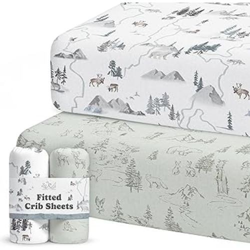 Crib Sheets Neutral - Fitted Baby Crib Sheets Bed for Girl Boy - 2 Pack Standard & Toddler Mattress - Buttery Soft Organic Cotton Blend (Arctic Journey)