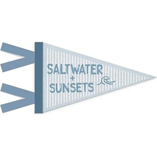 Ocean Nursery Decor, Coastal Beach Wall Pennant Flag Felt Banner, Saltwater Sunsets Blue Striped Wall Hanging Decor for Kids Boys Girls Nursery Room Bedroom Playroom