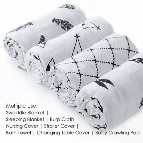 upsimples Baby Swaddle Blanket Unisex Swaddle Wrap Soft Silky Bamboo Muslin Swaddle Blankets Neutral Receiving Blanket for Boys and Girls, Large 46 x 45 inches, Set of 4-Arrow/Feather/Tent/Crisscross