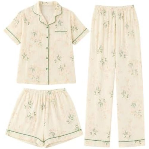 Arssm Women 3pcs Cotton Gauze Pajamas Set Floral Short Sleeve Pj Sets