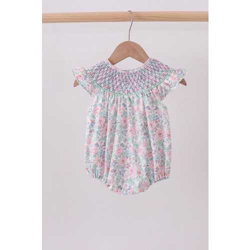 Green Floral Smocked Bubble