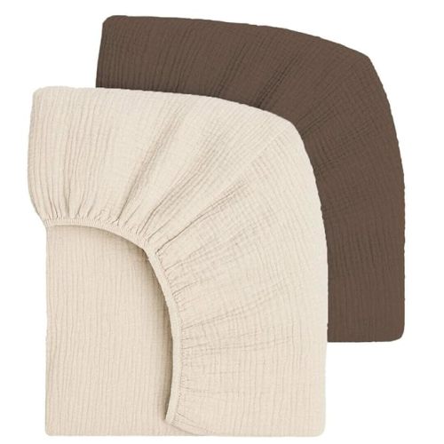 Mère & Moi: Muslin Fitted Crib Sheets: 2 Pack - Brown & Cream - 28x52", 100% Cotton, Oeko-TEX, Ultra-Soft & Breathable, Baby-Toddler Mattress Bedding