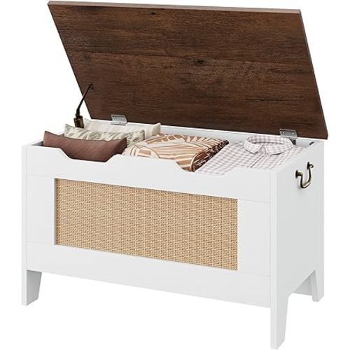 IDEALHOUSE Storage Chest, Rattan Toy Chest for Boys Girls, 30" Kids Wood Large Toy Box, Storage Bench with Safety Hinge,Storage Trunk for Entryway, Living Room, Bedroom, Playroom, White