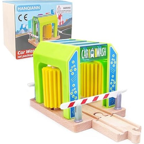 Wooden Car Wash Station with Train Truck,Expansion Pack Compatible with Railway Train Set,Wooden Toy Train Accessory for Kids Age 3 and Up