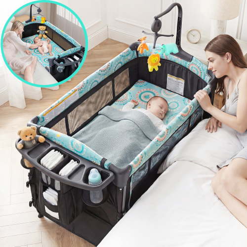 EVMORE Foldable Baby Bassinet, 5-in-1 Crib with Changing Table, Playpen, Storage, Music, 0-36 Months