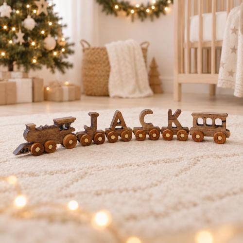 Dark Wooden Train with Name, Personalized Christmas Gift and Letter Keepsake