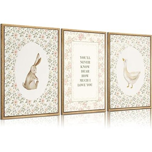3Pcs Vintage Nursery Wall Art Silly Goose And Bunny Wall Decor Baby Kids Poster Prints Cute Animal Rabbit Goose Pictures Sweet Floral Painting for Girls Boys Room Bedroom Playroom 12x16in Unframed