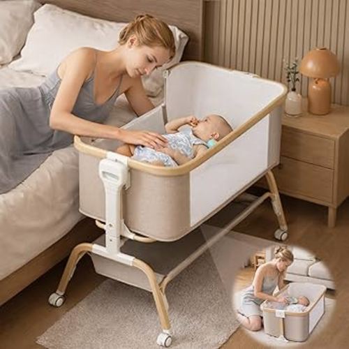 Rocking Baby Bassinet Bedside Sleeper, Detachable Portable Bassinet & Adjustable Crib with 8 Heights, Breathable Mesh, Storage Basket & Mobile Toy for Newborns to Toddlers(Oatmeal)