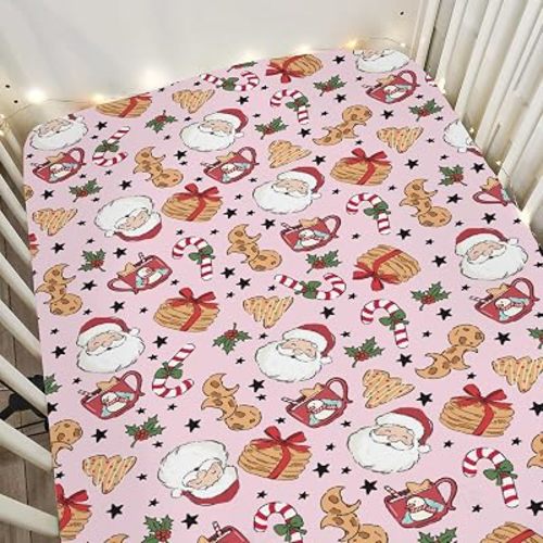 Sweet Christmas Pink Baby Crib Sheets for Boy Girl 52x28 Santa Claus Cherry Fir Candy Soft Snug Fitted Crib Mattress Cover Winter Holiday Festival Baby Sheet for Standard Crib & Toddler Bed Mattress
